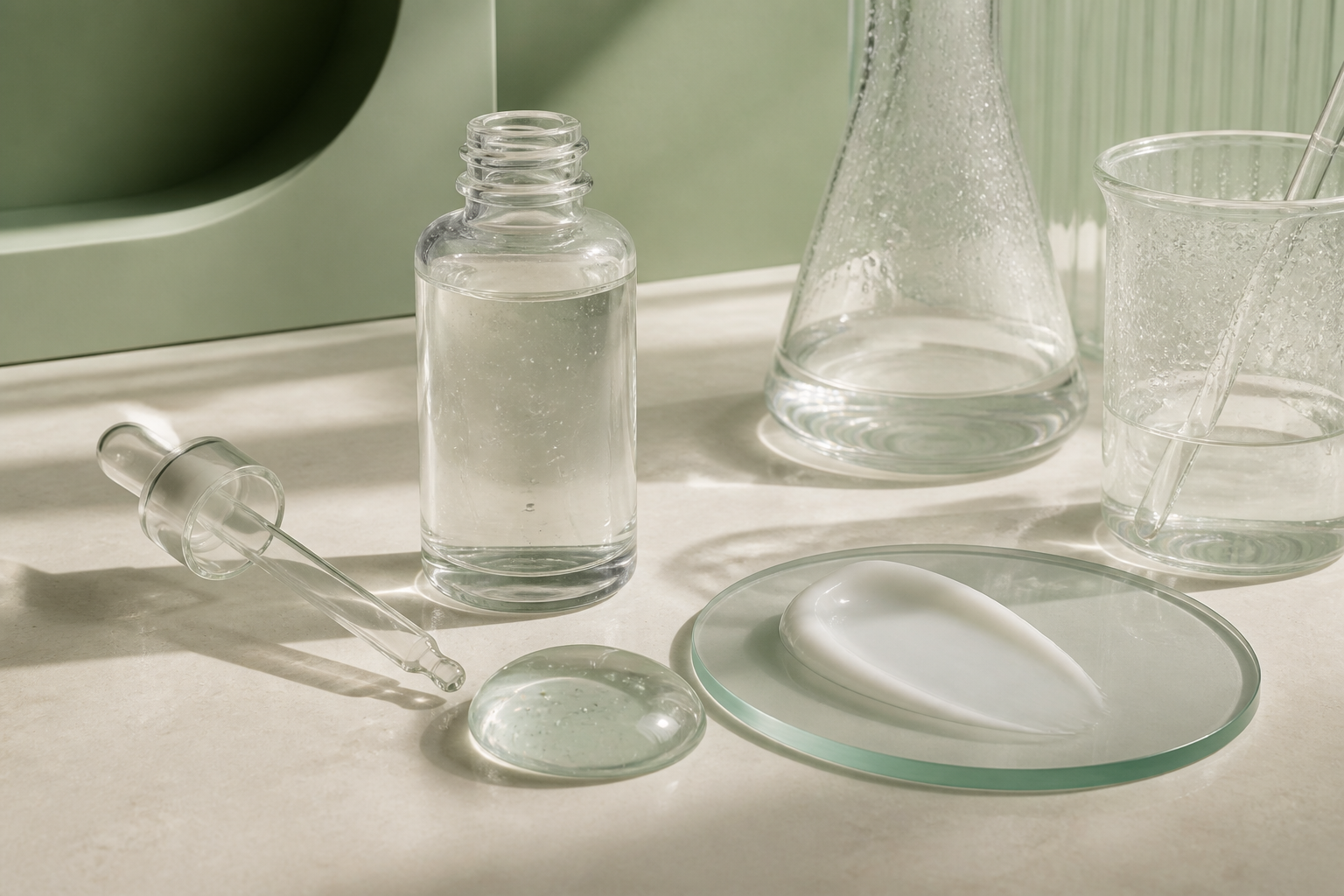 Serum, gel and cream textures representing cosmetic formulation possibilities